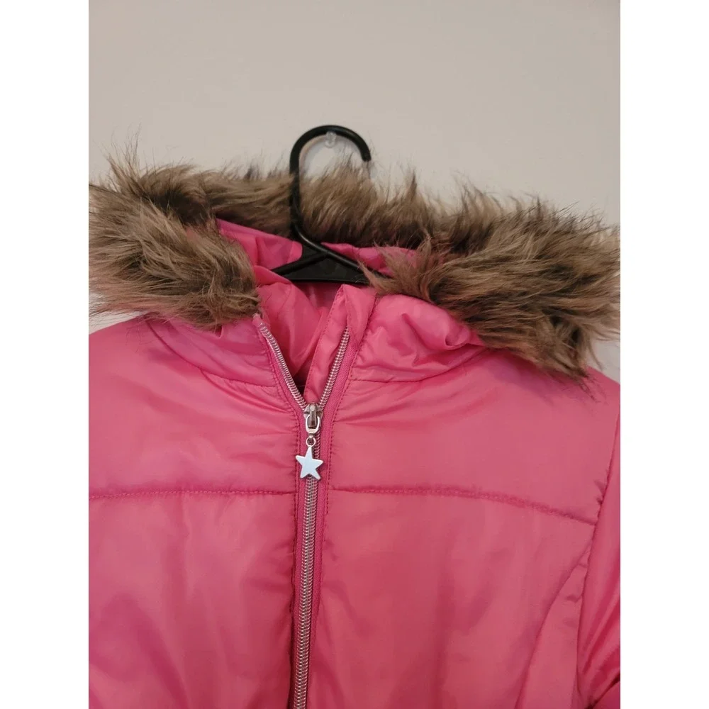 R1881 By S.Rothschild L(14) Pink Puffer Jacket Hooded Faux Fur Big Girls Neon